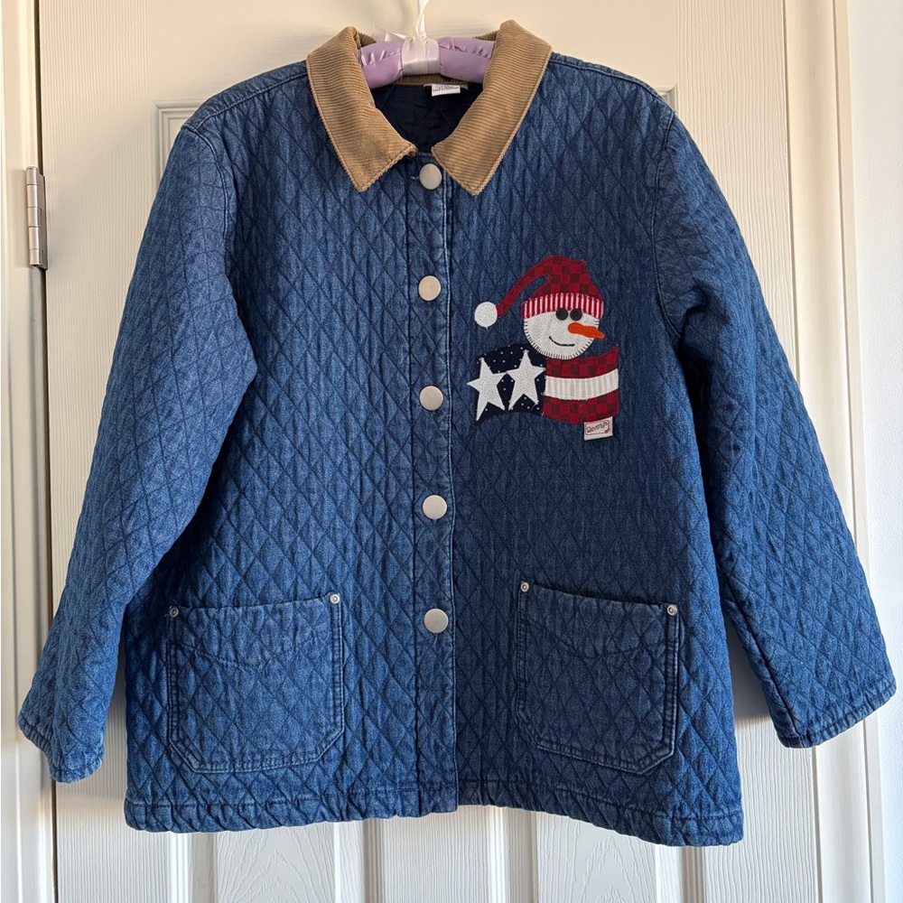 Beverly’s Denim Blue Quilted Jacket with Snowmen Women Size XL